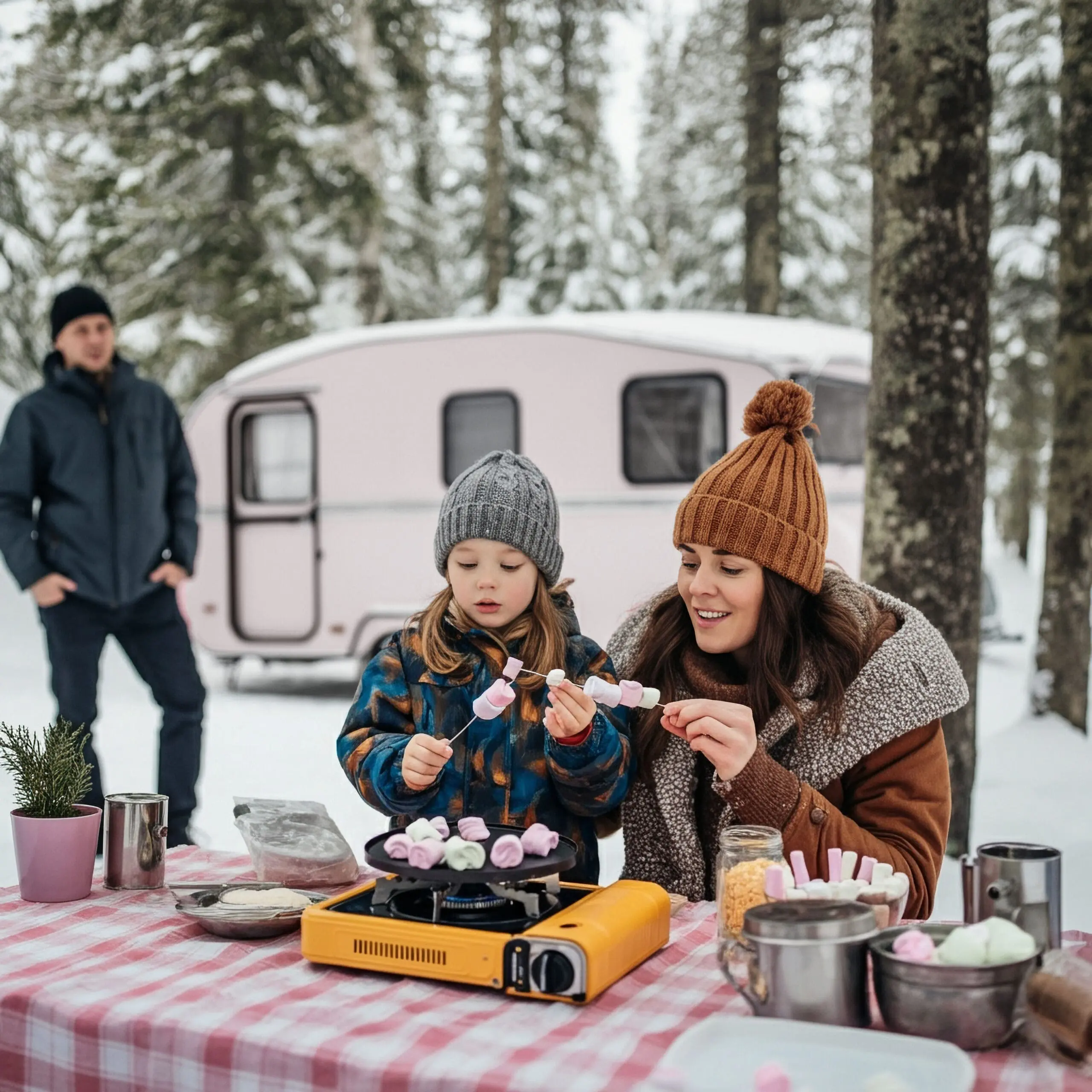 A protective barrier installed around the base of an RV to enclose the underside and act as a shield. Adding skirting is one of the most effective ways to improve insulation, conserve heat, and protect plumbing during winter camping. Skirting material can vary from insulated vinyl panels to heavy-duty fabric, to foam boards or DIY options made of plywood or corrugated plastic. Professionally made skirting can cost $1,000 to $3,000, while DIY solutions may be as low as $200 to $500. Installation and removal are straightforward, but some options may require more effort due to weight. Figure a moderate amount of storage space. – Winter family scaled 1 jpg